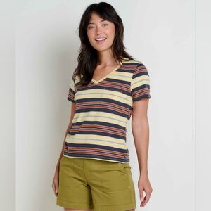Toad & Co Women's Grom V-Neck Short Sleeve Tee Shirt Size M In Straw Stripe NWT